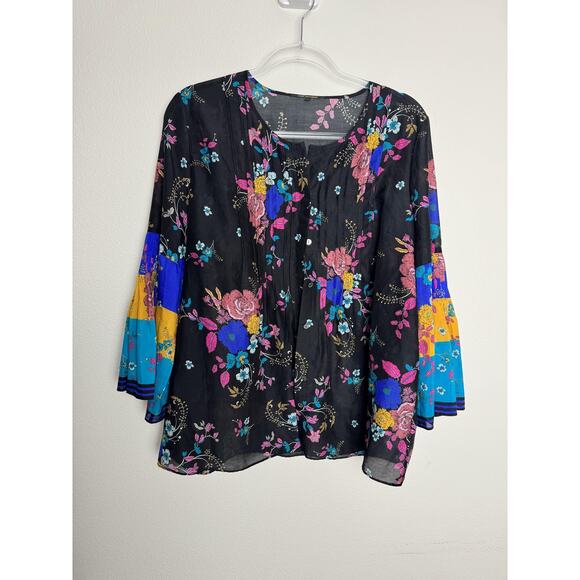 Kobi Halperin Blouse Womens Large Black Floral Bell Sleeve Cotton Silk Boho - Picture 9 of 13